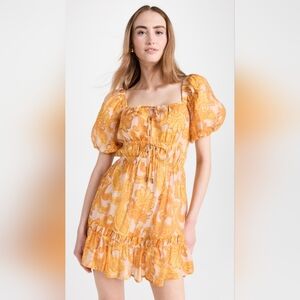 Minkpink Blaise Mini Dress Golden Paisley Puff Sleeve Tie Front Boho Tea Dress